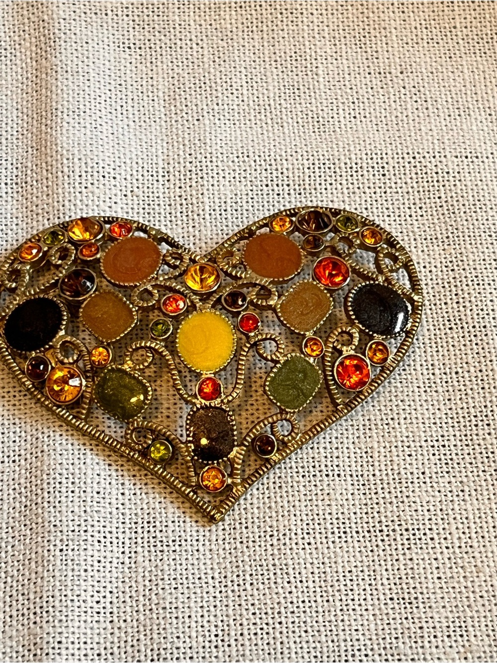 Multicolor Heart Brooch with Amber and Olive Accents